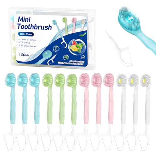 JOUGE Mini Brushes-Disposable Toothbrushes with Toothpaste + Tongue Scraper + Picks+Floss Pick 5 in 1 Individually Wrapped for Work or Travel 12pcs (Mixed Flavors-12pcs)