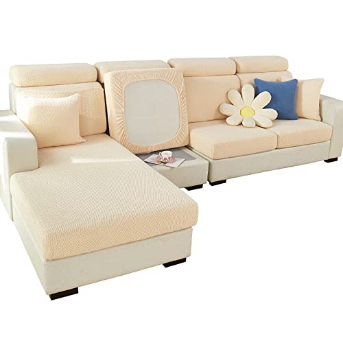 SHANNA Funda para Sofá Elástica Resistente al Desgaste, Elastano Antideslizante de Alta Protector de Muebles, Sofá Suave con Parte Inferior Elástica para Niños (Tejido Beige, Funda para Chaise)