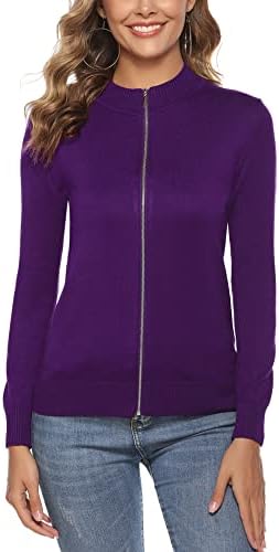 Youngull Womens Zip Up Jacket Knitted Sweater Casual Lightweight Zipper Cardigan Long Sleeve Sweatshirts No Hood Crewneck Fall Clothes Ladies Outfits Purple XL