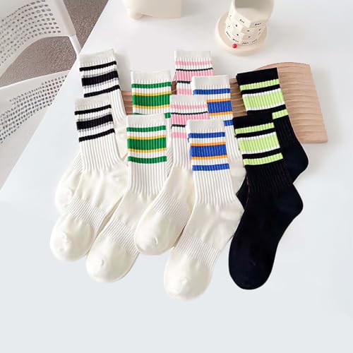 10 Pairs Women's Crew Casual Running Socks Thin Retro Striped Athletic Socks