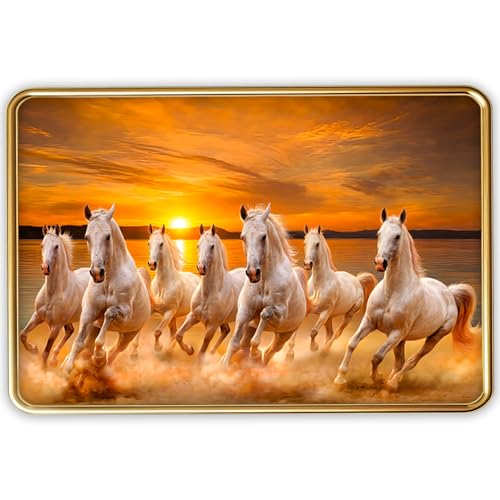 Image of Vastu 7 Seven Running Horse Photo Frame, Golden Slim Frame, Sparkle Coated Lamination, 30x45 cm (Design 17)