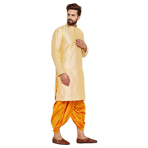 Image of SOJANYA (Since 1958 Men's Off-White and Gold Dupion Silk Dhoti Kurta Set