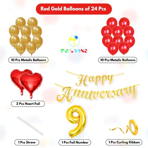 Image of Flyloons 9th Happy Anniversary Decoration Items Red Gold for Men Women Husband Wife Mom Dad Parent Couple Home Bedroom Car With 20 Pcs Metallic Balloons Anniversary Banner 2 Pcs Heart Set Kit