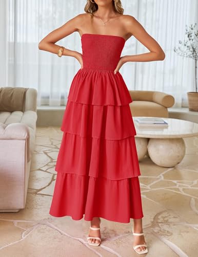 Image of ZESICA Women's Summer Boho Strapless Maxi Dress 2026 Casual Sleeveless Off Shoulder Smocked Tiered Beach Long Sundress