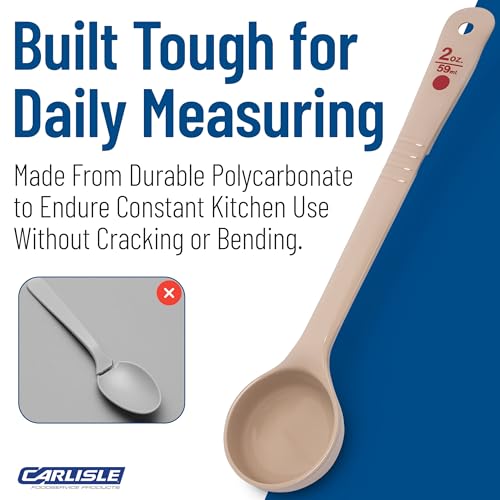 Image of Carlisle FoodService Products 2 Ounce Portion Control Spoon - Long Handle - Flat Bottom Server for Sauces & Toppings, Color Coded Measuring Utensil, Beige