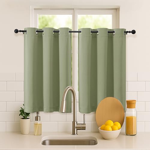 Image of Simplebrand Sage Green Short Cafe Curtains 36 Inch Length 2 Panels Set, Half Window Grommet Privacy Drape Tiers for Kitchen, Thermal Insulated Room Darkening Curtains for Bathroom Shades, W40 x L36