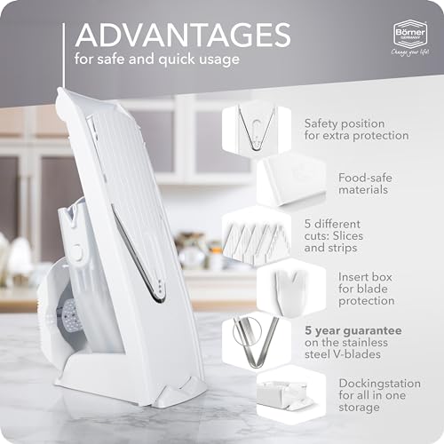 Börner Mandoline Slicer V1 (Professional Set) • V-Slicer with 4 Inserts, Fruit Holder, Docking Station, Box • Adjustable Vegetable Slicer • Cuts into Slices, Strips & Dices • Color: White by Börner - Image 4