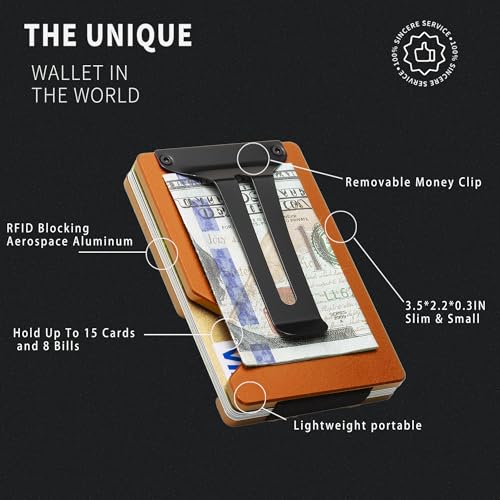 Image of Minimalist Wallet for Men, Slim Metal RFID Blocking Wallet Credit Card Holder Money Clip & Cash Strap, Scratch-Resistant Holds 15 Cards,Ideal Gift for Men | Matte Orange