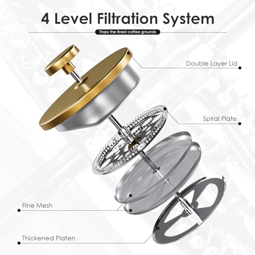 French Press 1 Liter, Edelstahl Kaffeemaschine, Oppelwandige Lsolierte Kaffeefilter, Vierfache Filterung, 3 Stunden Wärmespeicherung, kaffeefilter mit 100ml Kaffeedose für Kaffeeliebhaber-Schwarz 3
