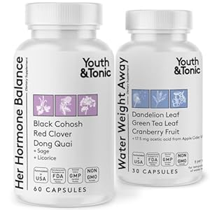 Youth & Tonic PMS & Menopause Bloating Relief Duo – Support for Puffiness, Hormonal Balance & Fluid Retention – Her Hormone Balance + Water Weight Away Natural Herbs for Women, 90 Capsules