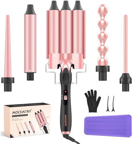 MOCEMTRY 5 in 1 Curling Wand Set (0.35'-1.25') with 3 Barrel Hair Crimper, Bubble Curling Wand and 3 Ceramic Barrels, Curling Iron 1 inch Crimper Hair Tool Waver with Two Temp Control, Gifts for Women