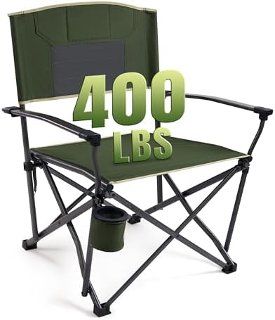 Oversized Folding Camping Chairs for Adults Heavy Duty Camp Chair Support 400 LBS Steel Frame Metal Arm Lawn Chairs with Swivel Cup Holder & Hollow Backrest Extra Large Outdoor Chairs Green