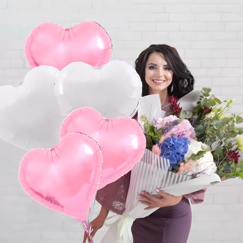 Image of White-Pink Heart Balloons,18inch Bright Pink Heart Shaped Foil Balloons & Snowy White Helium Mylar Balloon for Anniversary Wedding Engagement Birthday Party Baby Shower Decorations