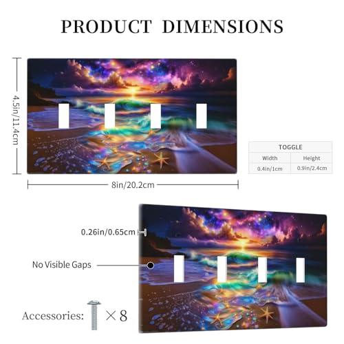 Decorative Switch Covers Plate Colorful Sunset Starfish Beach Shells 4 Gang Wall Plate Oversized Quad Toggle Light Switch Plate Jumbo Faceplate for Bathroom Bedroom Decor