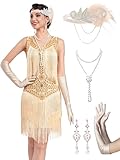 RRYIO 1920s Flapper Dresses for Women,Lace V Neck Great Gatsby Dresses Fringed Roaring 20s Dresses (Beige, S)