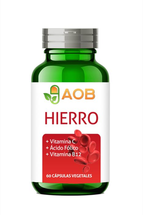 Bisglicinato de Hierro 29mg con Vitamina C, B12 y Ácido Fólico | 60 Cápsulas Veganas para Cansancio y Fatiga | Alta Absorción, suave con Estómago | Anemia, Energía y Vitalidad | Marca AOB