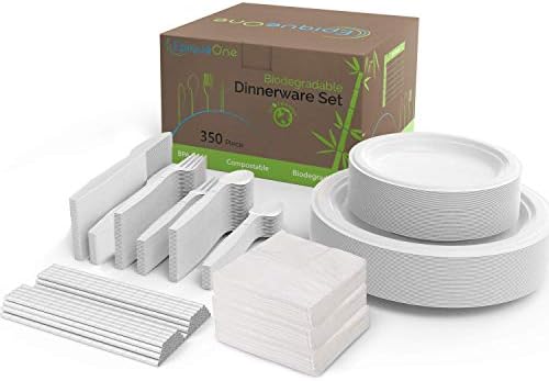 EPIQUEONE 350 Pc Biodegradable Paper Plate Set - Disposable, Durable Tableware - Compostable Spoons, Forks, Knives, Plates, Straws, Napkins for Parties, Camping - Microwave and Freezer Safe