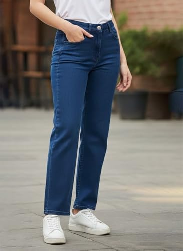 Image of KOTTY Women's High Waist Wide Leg Button Coin Pocket Straight Fit Jeans Stylish Regular to Plus Size Fit Denim Jeans for Women