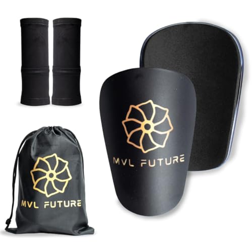 MVL FUTURE Mini-Schienbeinschoner für Fußball + Sporttasche + Kompressionsstrümpfe, klein, für Erwachsene, Damen, Jungen und Mädchen, Schwarz