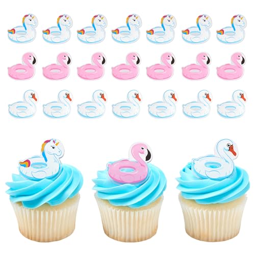 Décorations cupcake flamant rose et cygne DecoPac pour fête piscine | Lot de 24