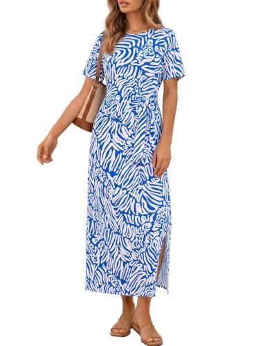 OURIN Casual Summer Dress Wrap Tie Waist Hide Tummy Midi Sundresses for Women Over 60 (Blue Zebra Print,Medium)