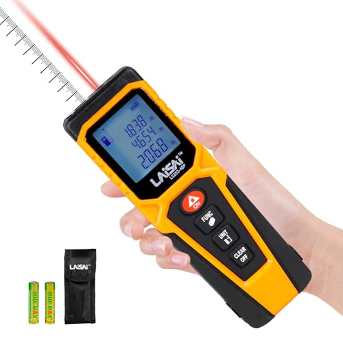LAISAI Laser Measure, Laser Distance Measuring Tool, M/in/Ft Unit Switching Backlit LCD and 2 × AAA Batteries, 130 FT Distance Accurate and Fast Measurement Laser:Class IIIA, 0.9mW -1.0MW