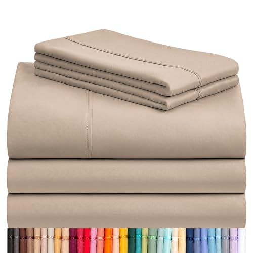 Image of LuxClub 5 PC Split King Sheet Set, Breathable Luxury Bed Sheets, Deep Pockets 18 inch Eco Friendly Wrinkle Free Cooling Sheets Machine Washable Hotel Bedding Silky Soft - Light Khaki Split King