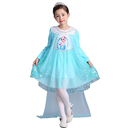 e-super Snow Queen Elsa Princess Dress for Girl Costume Cosplay Dress Up Long Sleeve Tutu Princess Dress with Cape