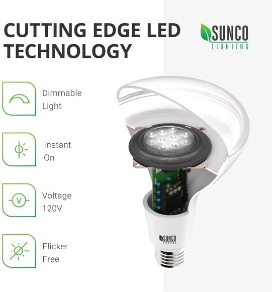 Sunco 6 Pack BR40 Light Bulb, LED Indoor Flood Light, Dimmable, 6000K Daylight White Deluxe, 1400 LM, E26 Base, Recessed Can Light, High Lumen, Flicker-Free - UL, 120W Equivalent 17W