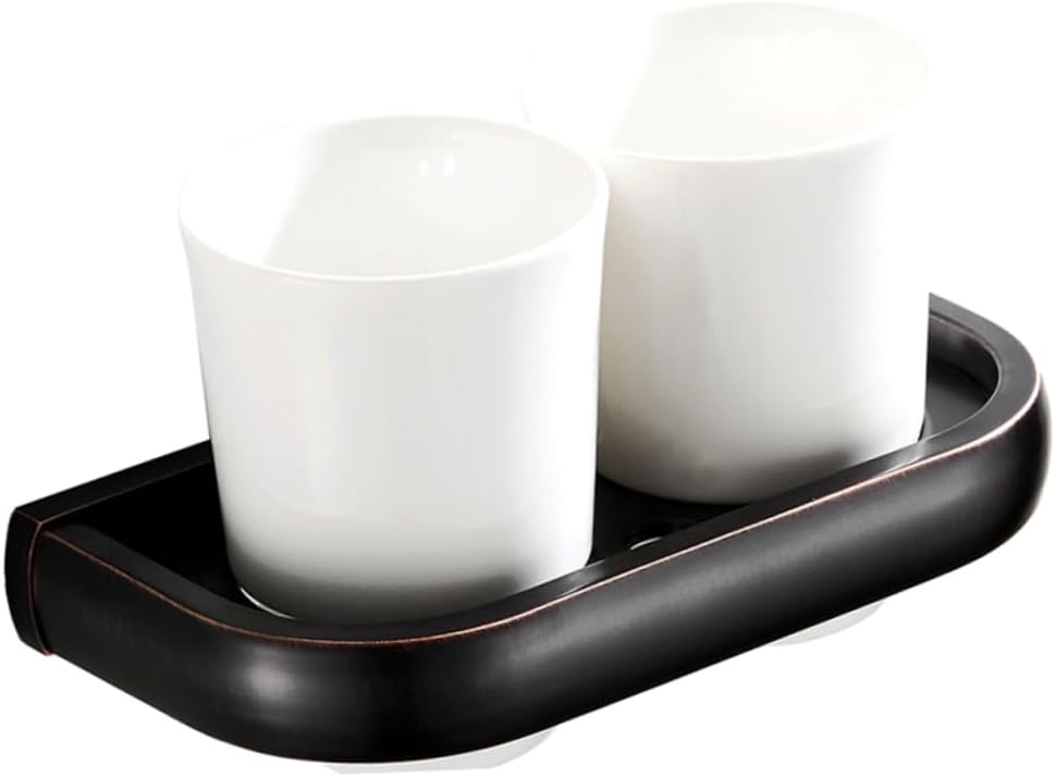 Wall-Mounted Toothbrush Cup Holder Vintage Double Cup Rack Tumbler Holder Toothbrush Organizer for Bathroom Black