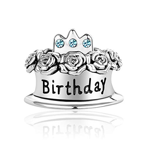 Image of Birthstones Happy Birthday Cake Charms Compatible with Pandora Charms Moments Bracelets Candle Crown Celebration Beads