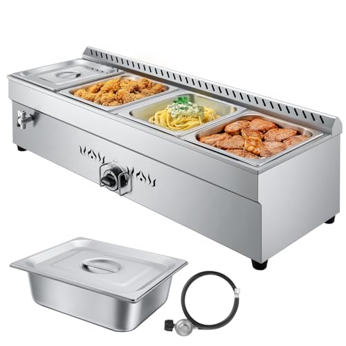 VEVOR 4-Pan Commercial Propane Steam Table, LP Gas Outdoor Soup Warmer with Drain Valve, Stainless Steel Propane Food Warmer with Adjustable Temperature, for Restaurant Party Outdoor Camping
