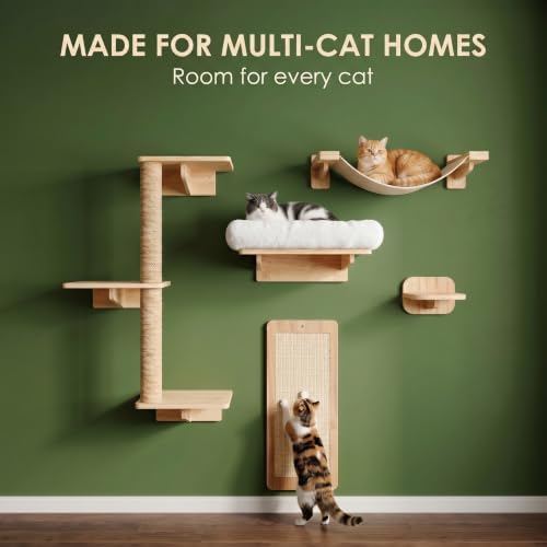 Vibesta 6in1 Cat Wall Shelves, Large Mounted Climbing Tower System for Cats, Modern Shelf for House Corner, Indoor Wooden Hammock Tree Furniture Set with Scratching,Perch, Bed,Ladder,Steps,Bridge - 1