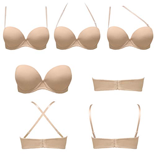 Strapless Convertible Pushup Bra Heavily Padded Lift Up Supportive Add Two Cup Multiway Tshirt Bras Nude, 34A