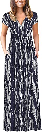 DEARCASE Vestito Donna Casual Scollo a V Manica Corta/Lunga Motivo Floreale Avvolgere Maxi Abito Lungo da Donna con Tasche, Striscia Bianca M