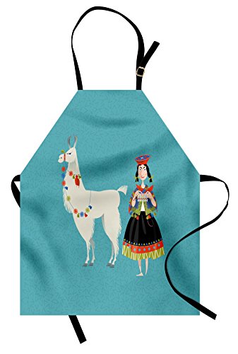 Ambesonne Llama Apron, Peruvian Woman Knitting With A White Alpaca Wrapped With Flower Colorful Illustration, Unisex Kitchen Bib With Adjustable Neck For Cooking Gardening, Adult Size, Sea Blue #TOP20
