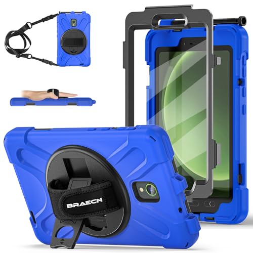 BRAECN Funda para Samsung Galaxy Tab Active 5/Tab Active 3 8 Pulgadas SM-X300/X306B/T570/T575, Carcasa Rugosa con Protector de Pantalla, Soporte de Rotación de 360°, Correa de Mano/Hombro, Azul