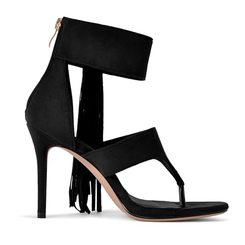 richealnini Back Zip Up Fringe Ankle Strappy Thong Sandals with Rivets Fashion Stiltto Heel Party Wedding Shoes 5
