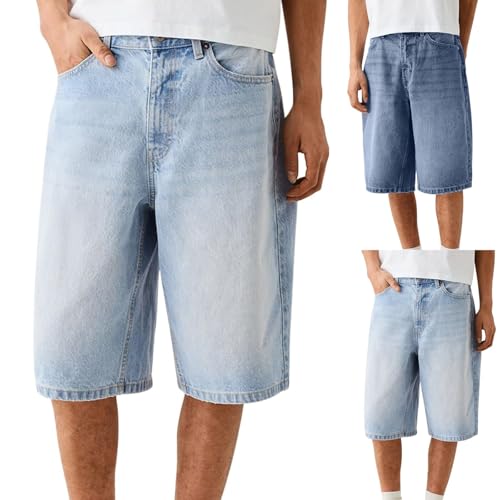 Streetwear Baggy Kurze Jeans Herren Shorts Sommer Y2k Freizeithose Bermuda Hosen Loose Fit Weite Bein Kurz Jeanshose Männer Einfarbig Denim Hose Stretch Casual Streetwear Blau S