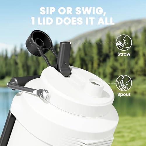 Image of 1 Gallon Insulated Water Bottle for Sports: Meoky 128 oz Triple Wall Vacuum Stainless Steel Water Jug - Top and Side Handles, Cold for 48 Hrs, 2-in-1 Straw and Spout Lid, Leak Proof for Hiking (Ivory)