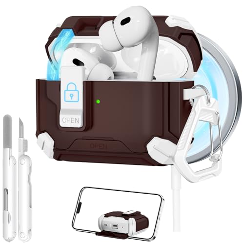 for AirPods Pro 2 Secure Lock Case with Phone Stand, Compatible with MagSafe, Case Cover for Apple AirPods Pro 2nd/1st Generation with Cleaner and Keychain, Auto-Open (Brown) - image 1