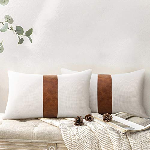 Cygnus Set Of 2 White Linen Patchwork Faux Leather Throw Lumbar Pillow Covers For Couch Living Room Bedroom,Modern Accent Decor Lumbar Covers 12X20 Inch thumb #1