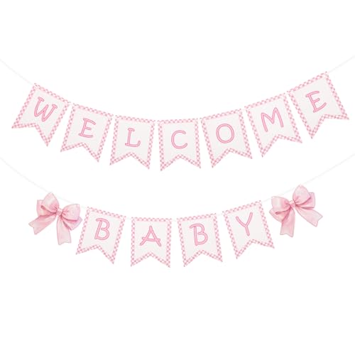 2pcs Welcome Baby Banner, Pre-Strung Pink Bow Welcome Baby Sign Hanging Banner Perfect Decorations and Photo Props for Girls Babies Shower Gender...