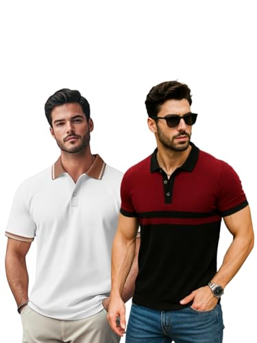 Image of Veirdo Pack of 2 Pure 100% Cotton Regular Fit Classic Polo Collar T-Shirts for Men & Boys