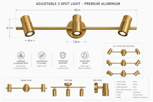 Image of FILLISKA 3 in 1 Triple Wall spot /Picture /Display /Mirror Light with Adjustable Head and Colour Changing Function (Luxurious Gold-185)