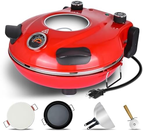 Davivy 12" Indoor Pizza Oven with Pizza Stone & Grill Pan, Portable Pizza Oven Countertop, Pizza Maker Machine for Home Above Counter Heats up to 800˚F, Indoor Portable Pizza Cooker Countertop - Red