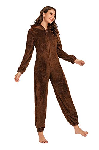 Women's Onesie Pajamas Jumpsuit Fall ? Winter Warm and Cozy Plush Adult Hooded Pajama Coffee