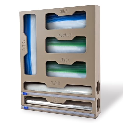 Rae Dunn Bamboo Bag Organizer for Kitchen Drawer - Durable Wood Organizer for Kitchen Storage - Holds Gallon, Quart, Snack, Sandwich Size Baggies, Plastic Wrap and Foil