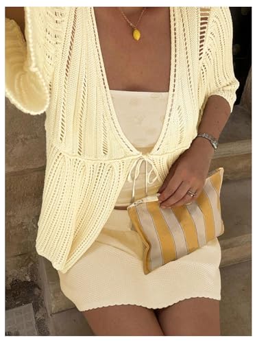 SOLY HUX Women's Crochet Knitted Cardigan Bow Tie Front Deep V Neck Half Sleeve Hollow Out Sweater Tops2