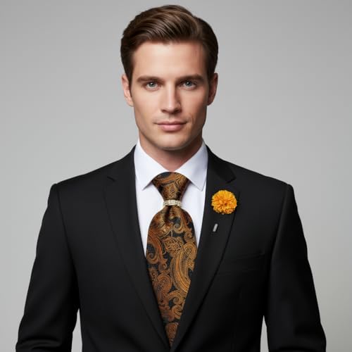 Image of 5PCS Tie and Pocket Square for Men, Silk Necktie and Handkerchief Cufflinks with Gold Ring and Lapel Pin Set